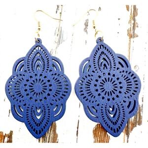 Mandala Earrings Navy Blue Stained Laser Cut Wood